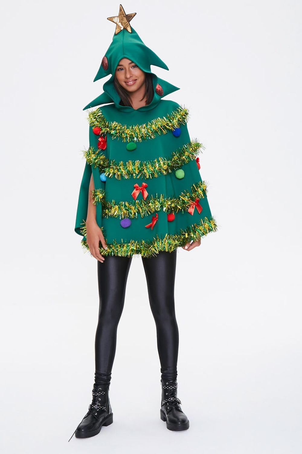 Christmas Tree Poncho Costume Hooded Cape Cloak Cape Bow Ball Tinsel Hairballs Decor Green Xmas Party Tree Poncho