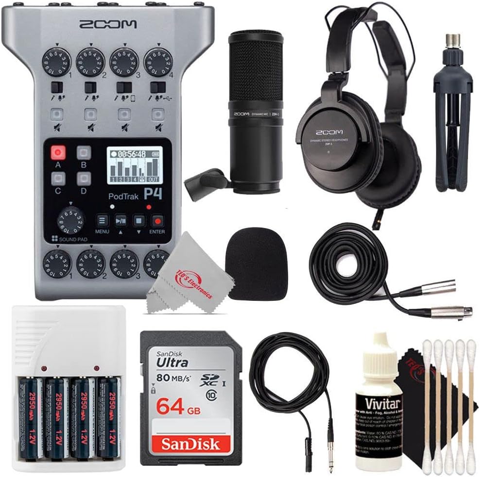 Zoom PodTrak P4 Portable Multitrack Podcast Recorder + Zoom ZDM-1 Podcast Mic Pack Accessory Bundle With Microphone + Accessory Kit