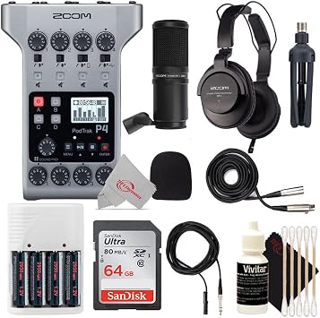 Zoom PodTrak P4 Portable Multitrack Podcast Recorder + Zoom ZDM-1 Podcast Mic Pack Accessory Bundle With Microphone + Accessory Kit