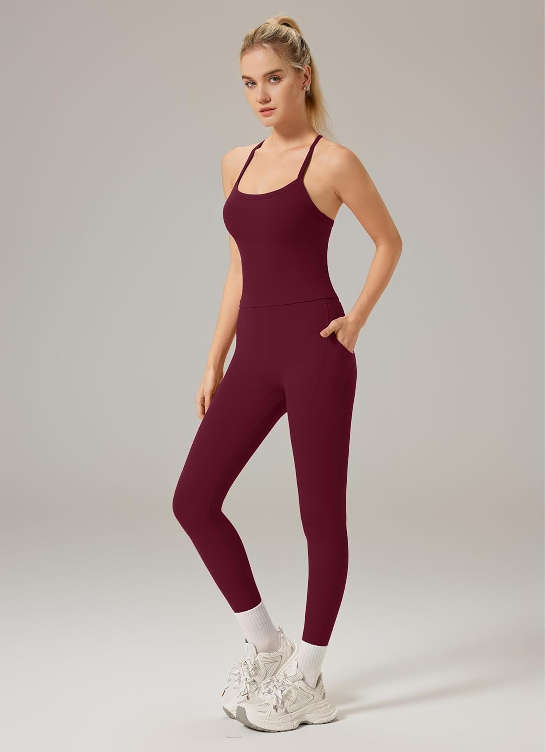 RXRXCOCO Cross Back Workout Sets for Women 2 Piece Padded Tank Tops Hidden Scrunch Leggings Gym Outfits with Pockets - Image 4