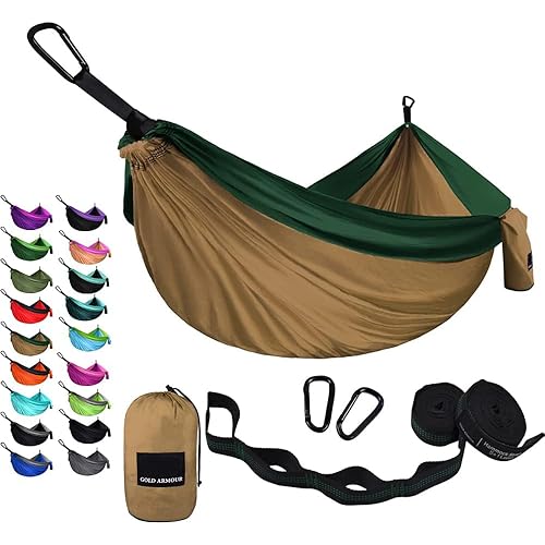 Gold Armour Camping Hammock - Portable Hammock Single Hammock Camping Accessories Gear for Outdoor Indoor Adult Kids, USA Based Brand (Khaki & Green)