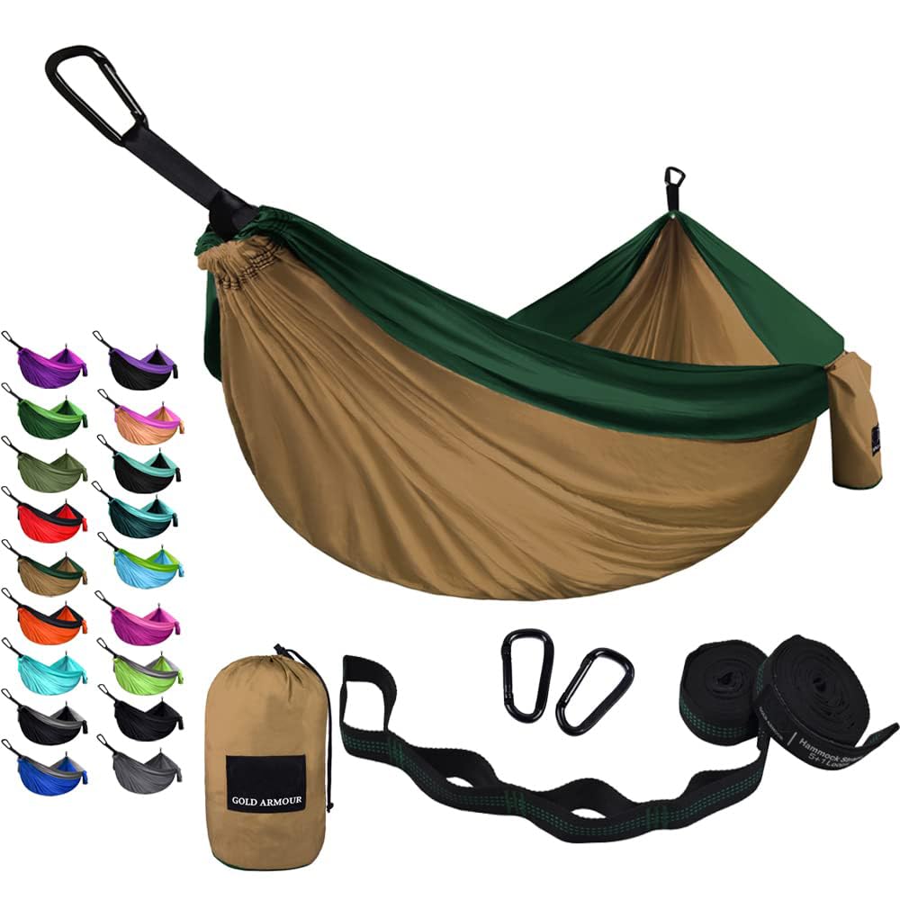 Gold Armour Camping Hammock - Portable Hammock Single Hammock Camping Accessories Gear for Outdoor Indoor Adult Kids, USA Based Brand (Khaki & Green)