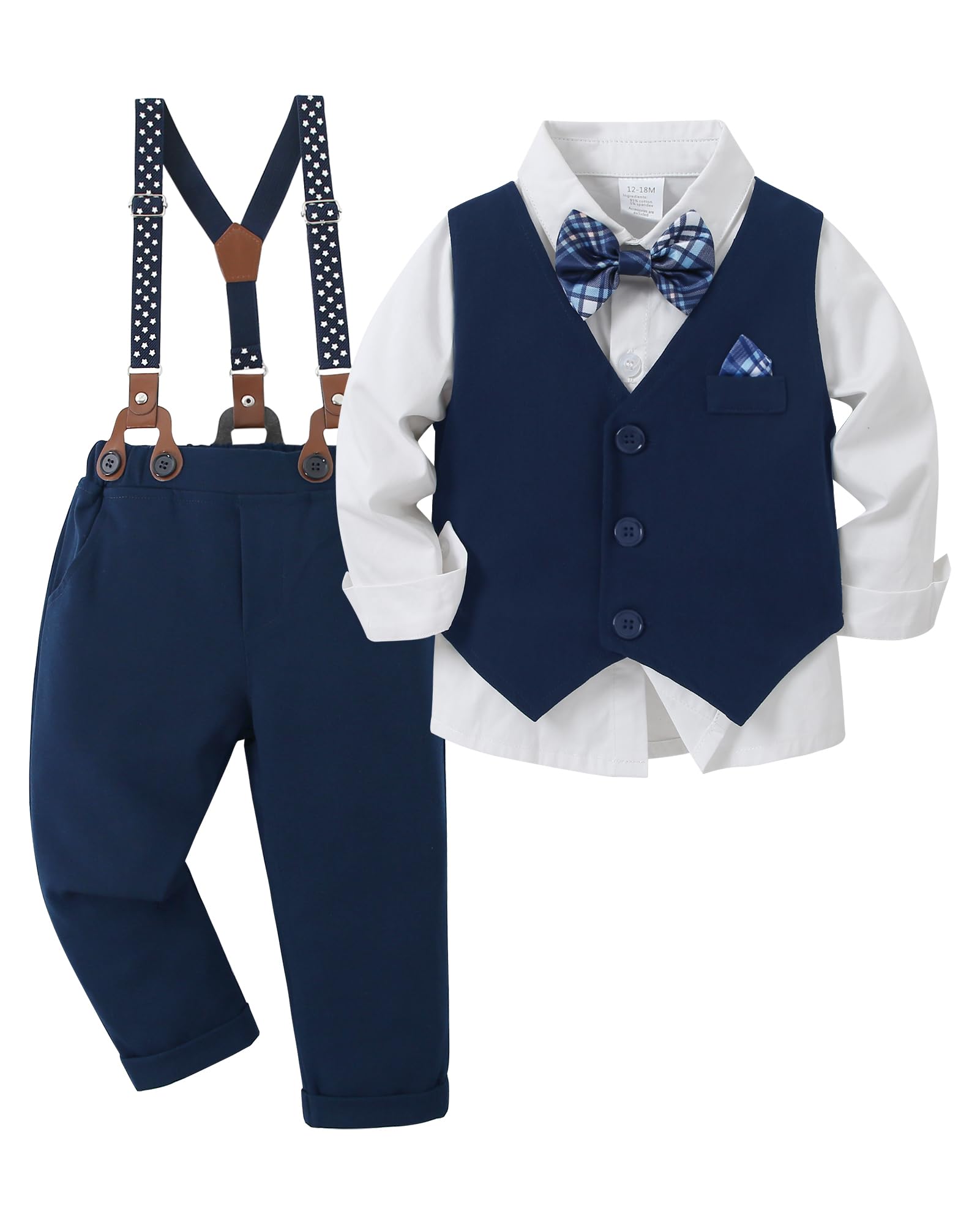 YUEMION Toddler Baby Boy Clothes Suits Gentleman Dress Shirt+Bowtie+Vest+Suspender Pants Boy Formal Wedding Outfits Set 1-5T