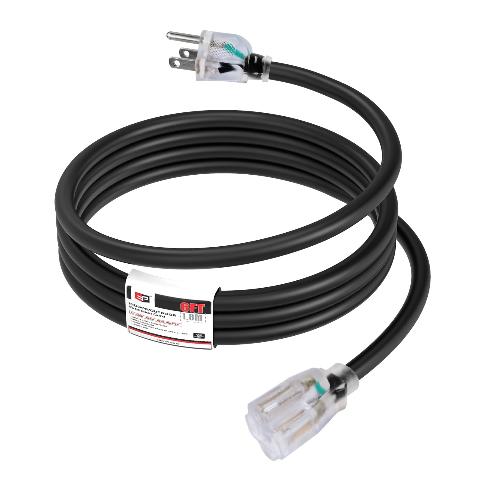 EP 6Ft 14/3 Lighted Outdoor Extension Cord - 14 Gauge 3 Prong SJTW Heavy Duty Black Extension Cable with 3 Prong Grounded Plug for Safety,Great for