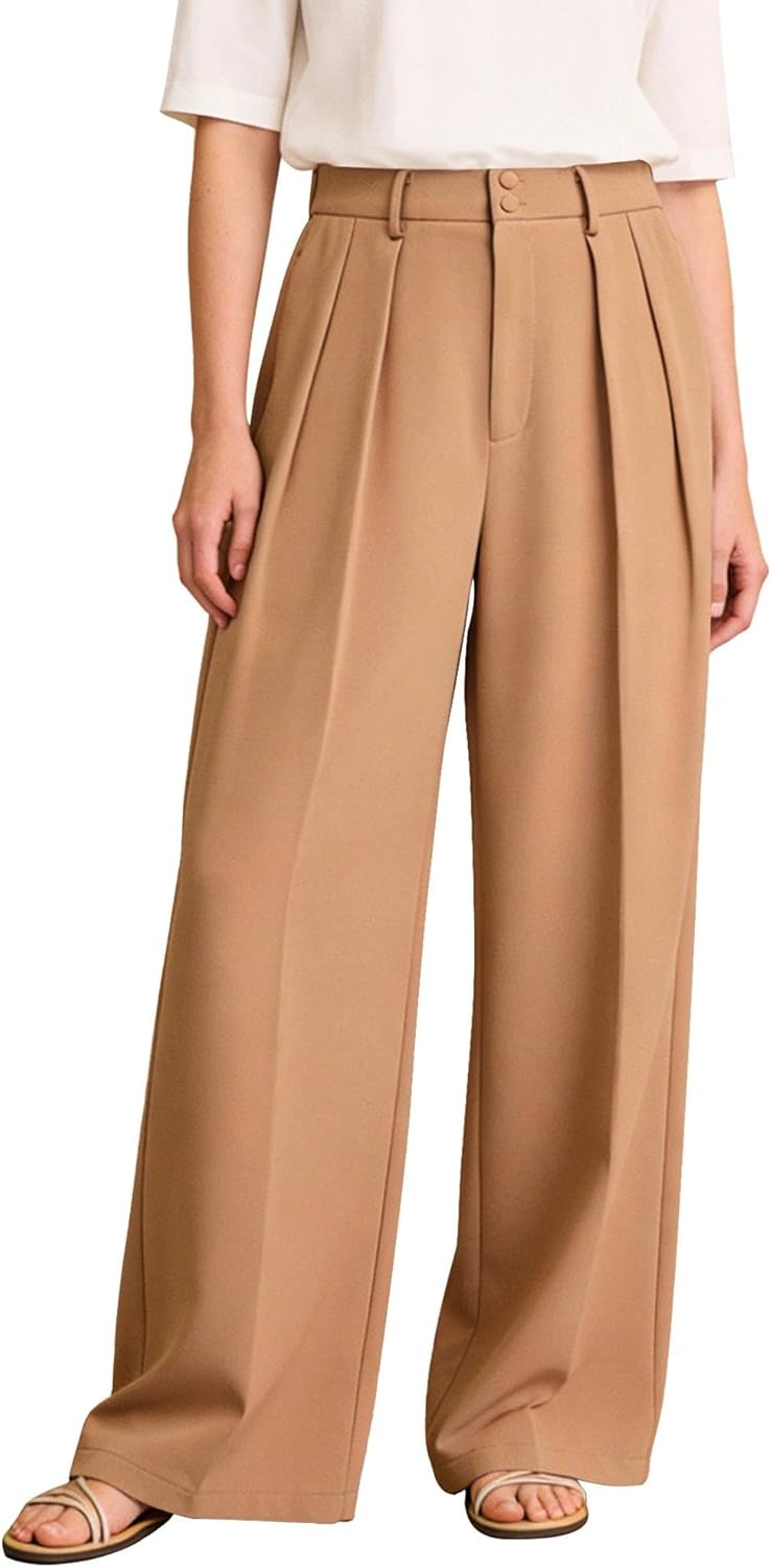 Women Wide Leg Work Pants Long Straight Business Work Trousers Suit Pants High Elastic Waisted in The Back