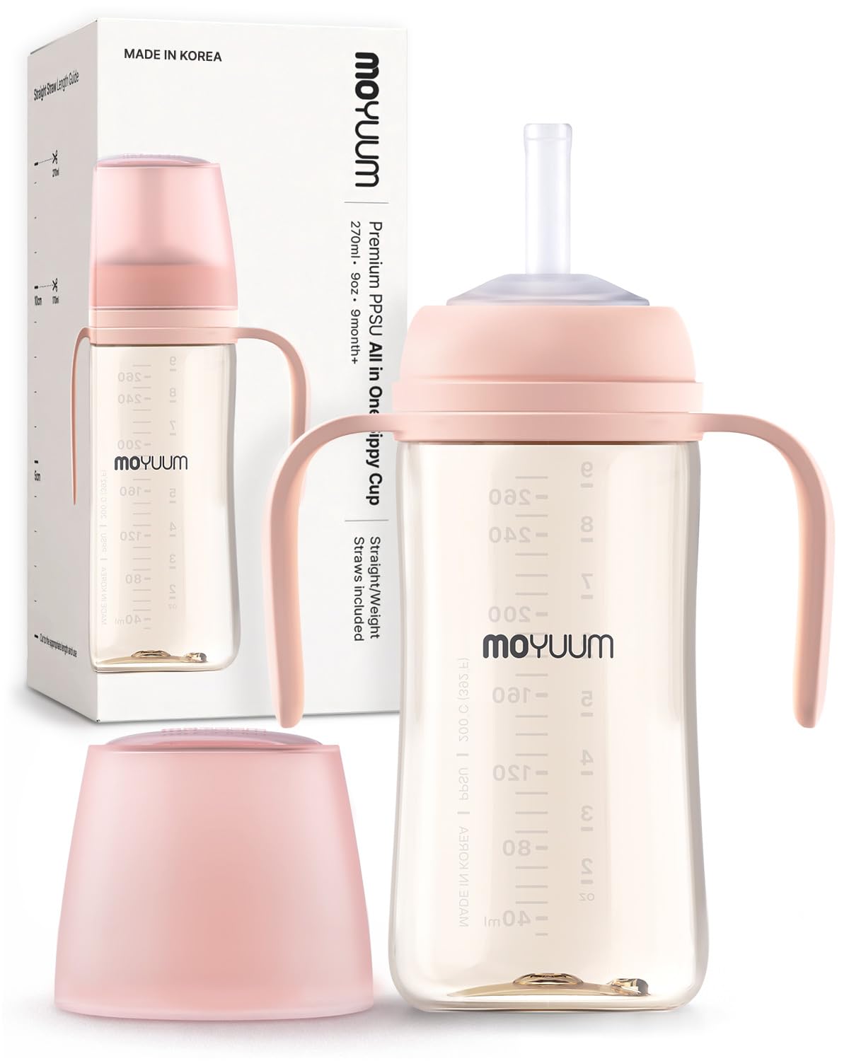 MOYUUM Leak-Proof PPSU Magic Sippy Cup for Baby & Toddlers, 360° Flexible Silicone Straw, Spill-Proof Anti-Reflux Design, Lightweight & Travel Friendly | Made in Korea – 9oz, Pink