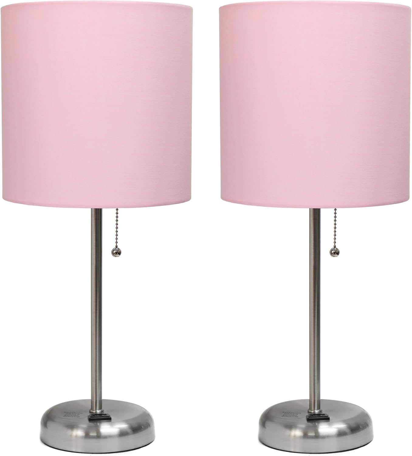 Simple Designs LT1144-LPK-2PK 19.5" 2-Pack Sleek and Slender Brushed Steel Table Lamp with Charging Outlet, for Bedroom, Living Room, Entryway, Office, Dining Room, Study, Light Pink Shades