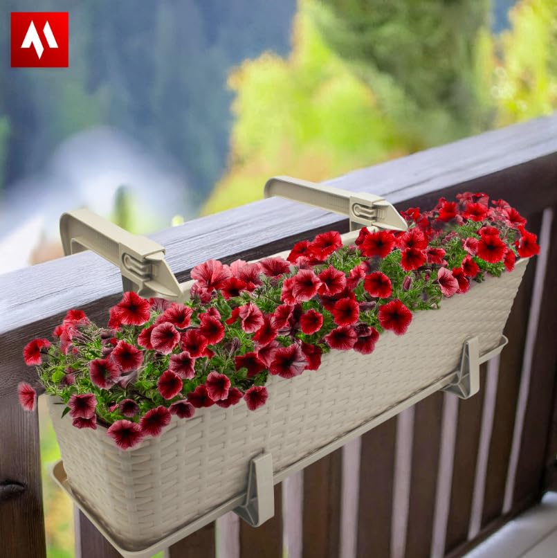 OMAGO® Ensemble de jardinières en rotin pour Balcon avec système d'accrochage et Support, Pots de Fleurs pour balustrades, pour balcons et balustrades, Couleur Beige