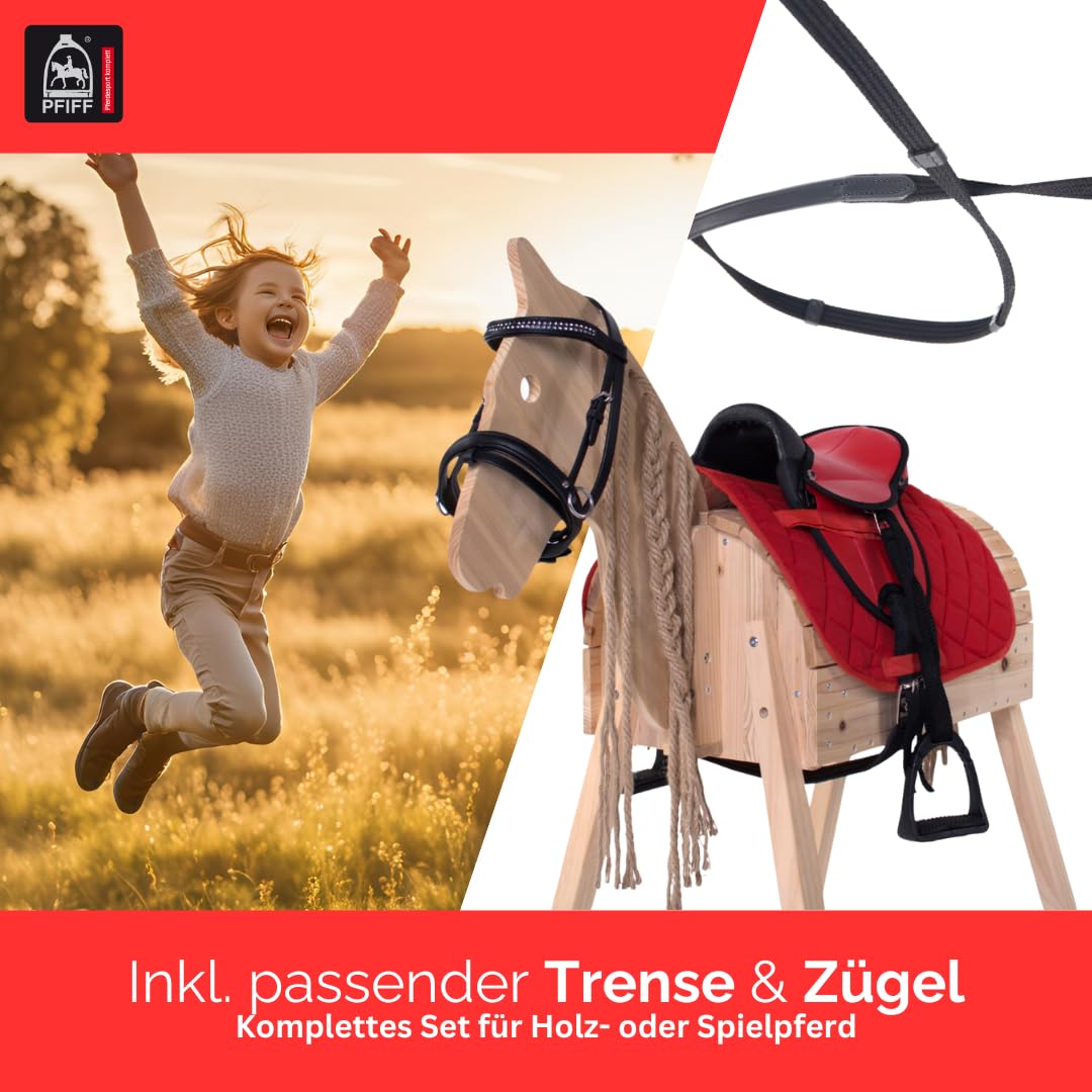 PFIFF 103122 Kinder Sattelset für Holzpferde, Reitset, Sattel und Trense für Spielpferde, Rot, MS