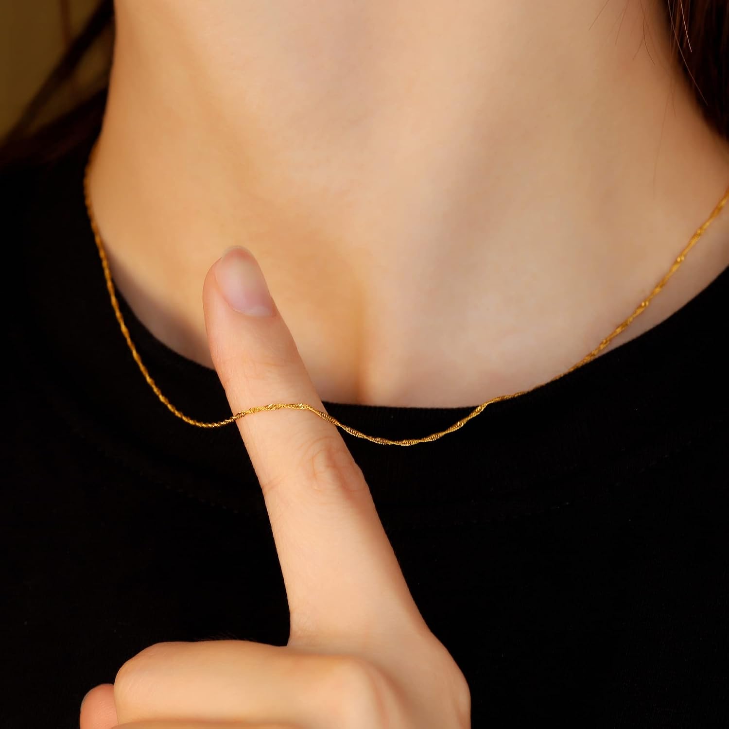 Solid 18K Gold Necklace 1mm Dainty Water Wave Chain Necklace with Spring Ring Clasp Stamped Au750