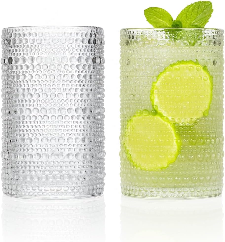 LEMONSODA Hobnail Highball Glasses Set of 4 – Vintage Clear Drinking Glass Cups 15oz – Textured Tall Retro Glassware Tumblers for Water, Iced Coffee, Cocktails, Soda, Juice (Highball 15oz, Set of 4)