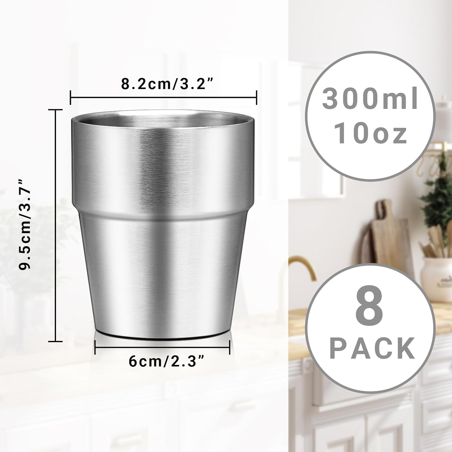 Drinking Glasses Set, 10 oz Insulated Tumbler, 8 Pack Double Wall Unbreakable Stackable Water Tumblers Vacuum Insulated Premium Stainless Steel Metal Cup for Travel Camping Home Outdoor