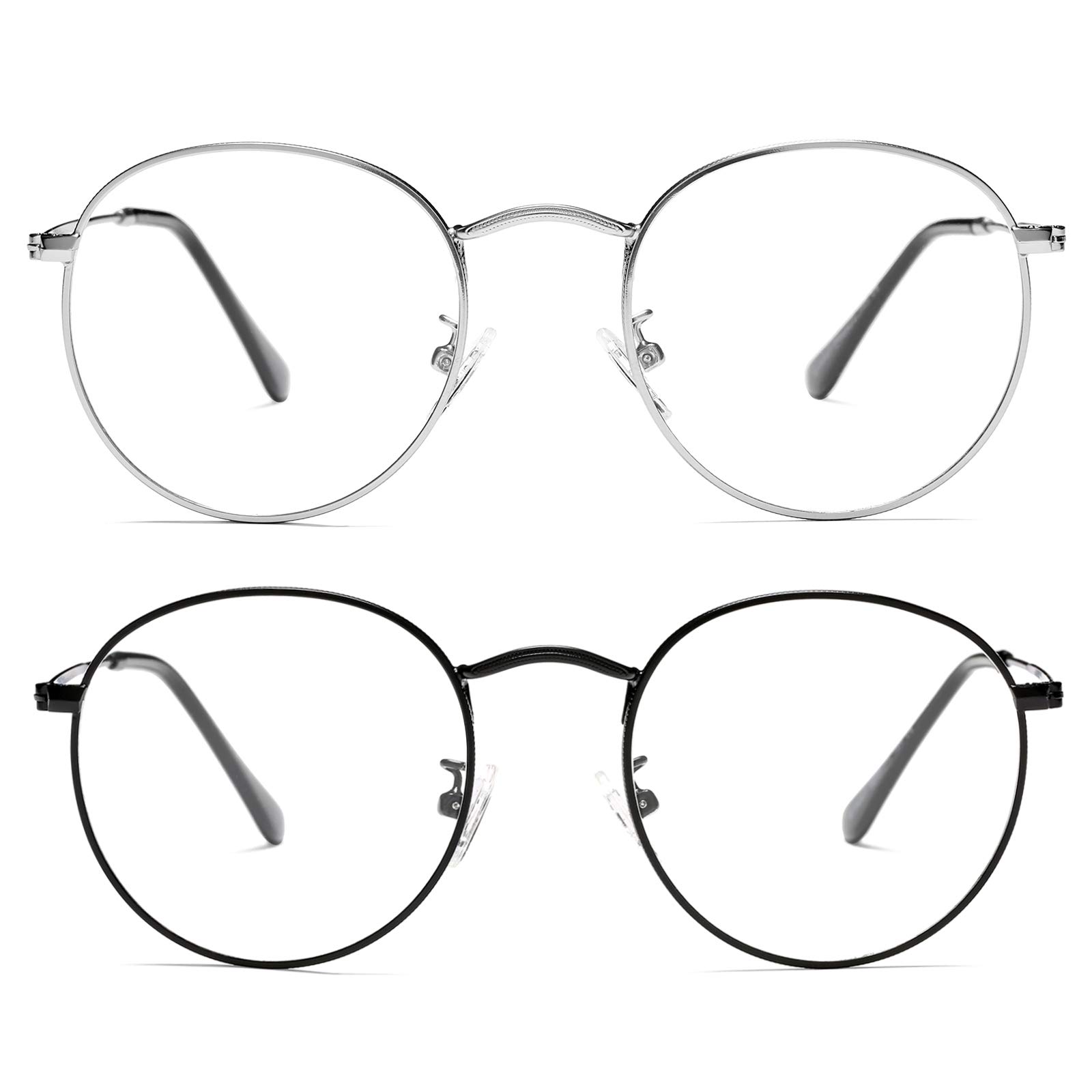 Vintage Round Metal Glasses Frame with Clear Lens, 2 Pack Women Men Non-Prescription Eyeglasses