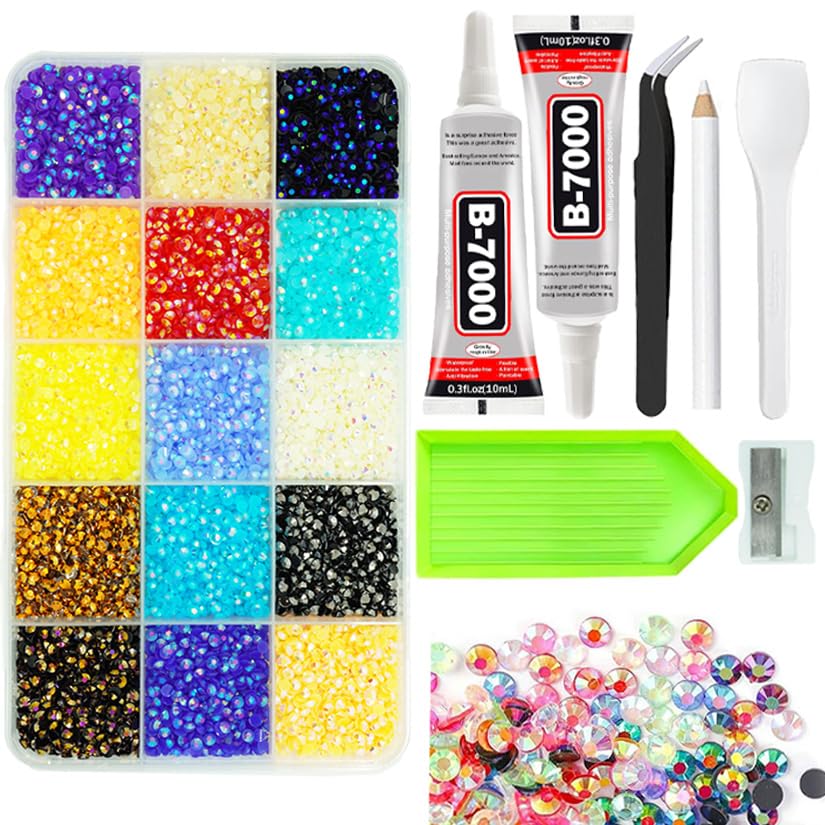 Bedazzling Kit with 2 pcs Glues And 5 Tools, 3mm SS12 Multicolour Resin Rhinestones Flatback Nail Gems Beads Non-HOTFIX Crafting Bedazzle Stones with Seven Piece Tool Set for DIY Nail Art Decoration