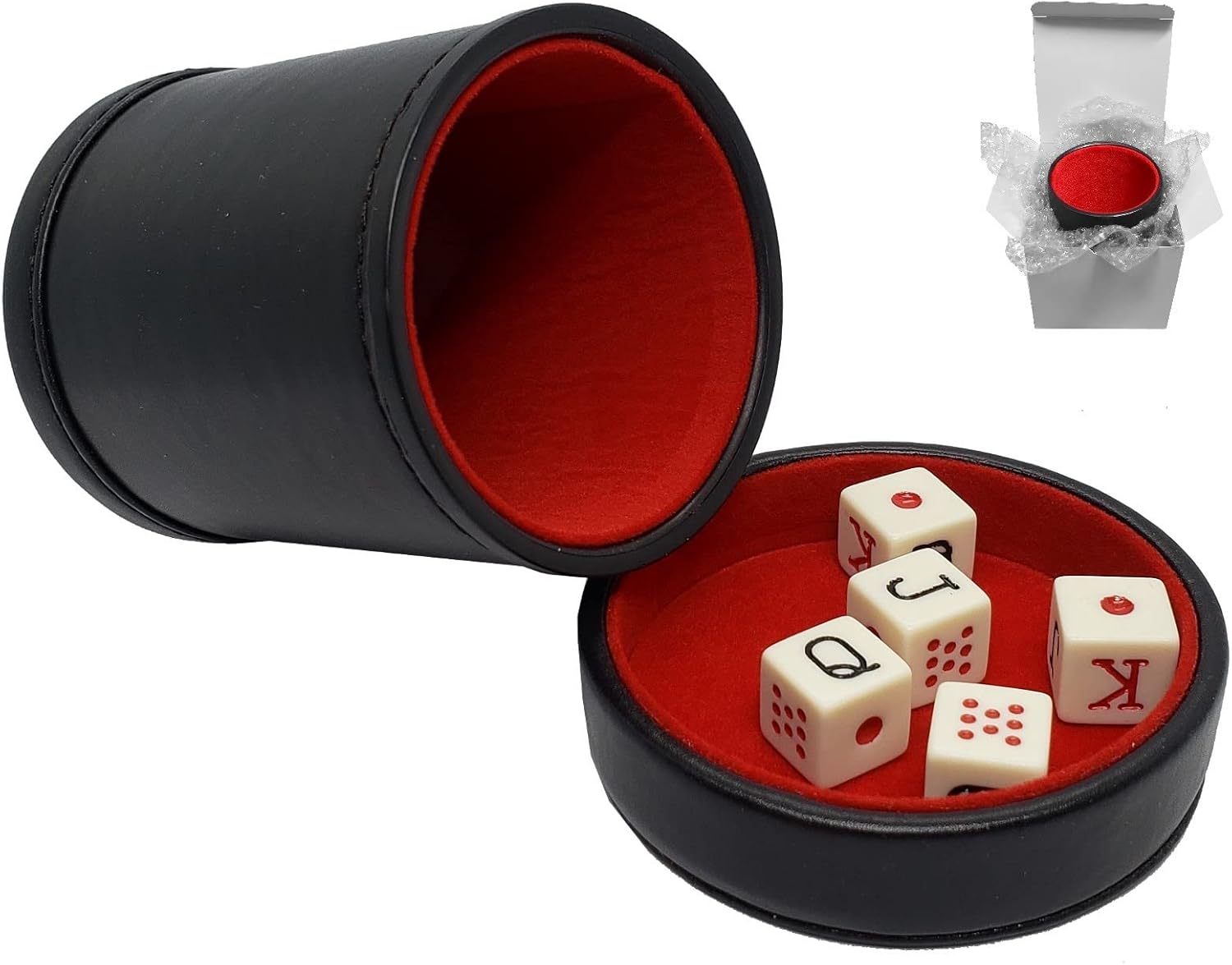 Cyber-Deals PU Leather Dice Cup, Premium Felt Lined Lid/Tray and Spanish Poker Dice Set in White Gift Box (Black/Red Cup, Ivory Tone Dice)