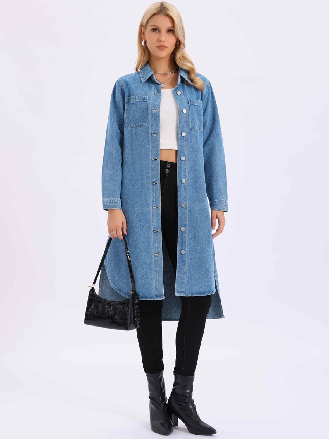 Womens Denim Dress Fall 2025 Curved Hem Button Down Midi Long Jean Jacket - Image 3
