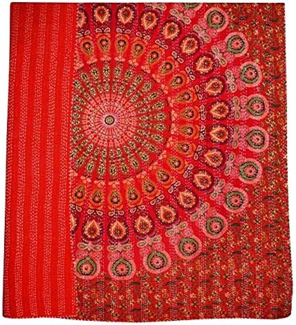 YUVANCRAFTS Indian Vintage Kantha Quilt Traditional Mandala Print Kantha Quilt Bedspreads Throw Blanket (Red, Twin Size)