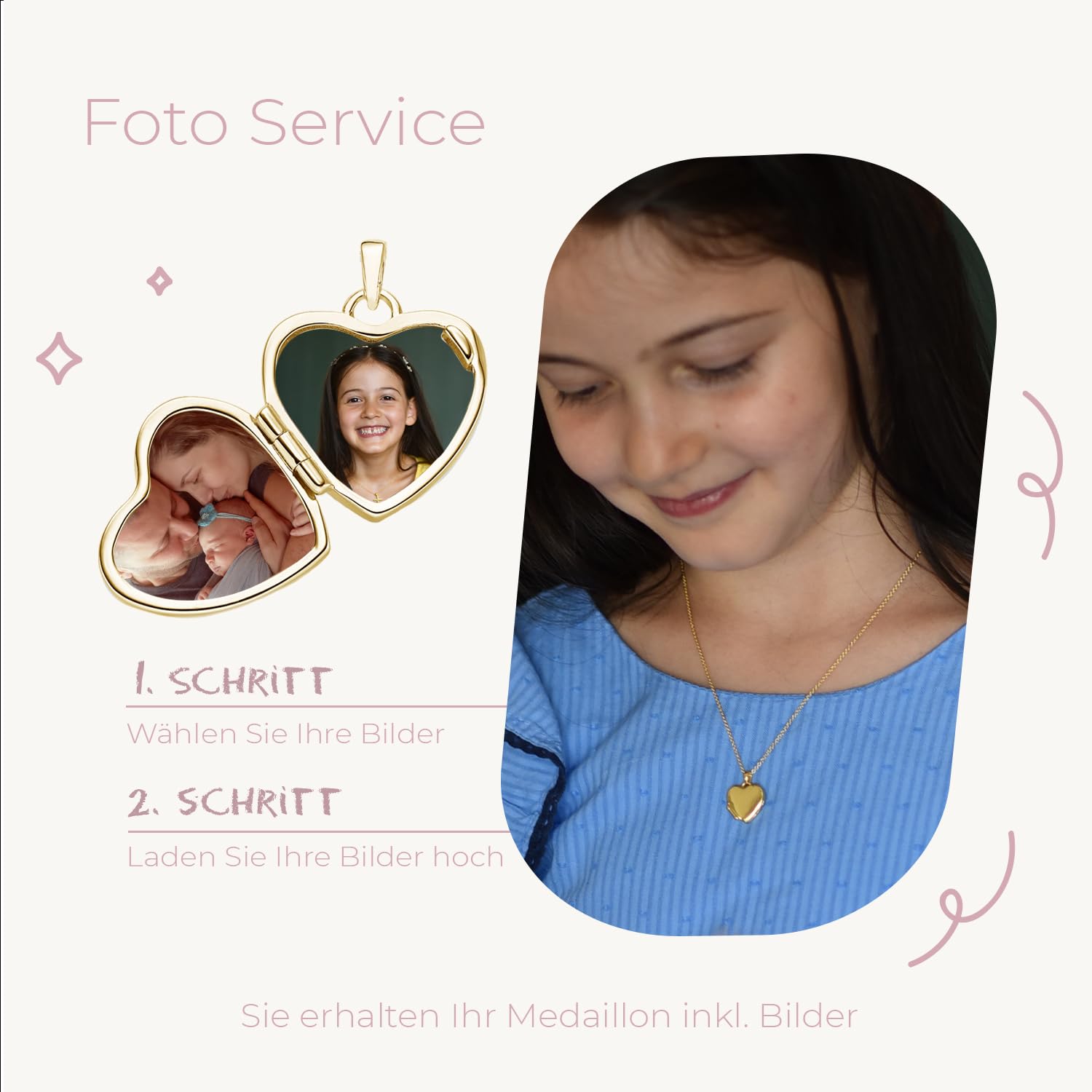 Geschenk zur Einschulung Mädchen, Kinder Herz Medaillon zum Öffnen | für Bilder Silber 925 und Gold / Rosegold vergoldet, Halskette 38cm, Foto Upload & Gravur, Schmuck Geschenke zum Schulanfang