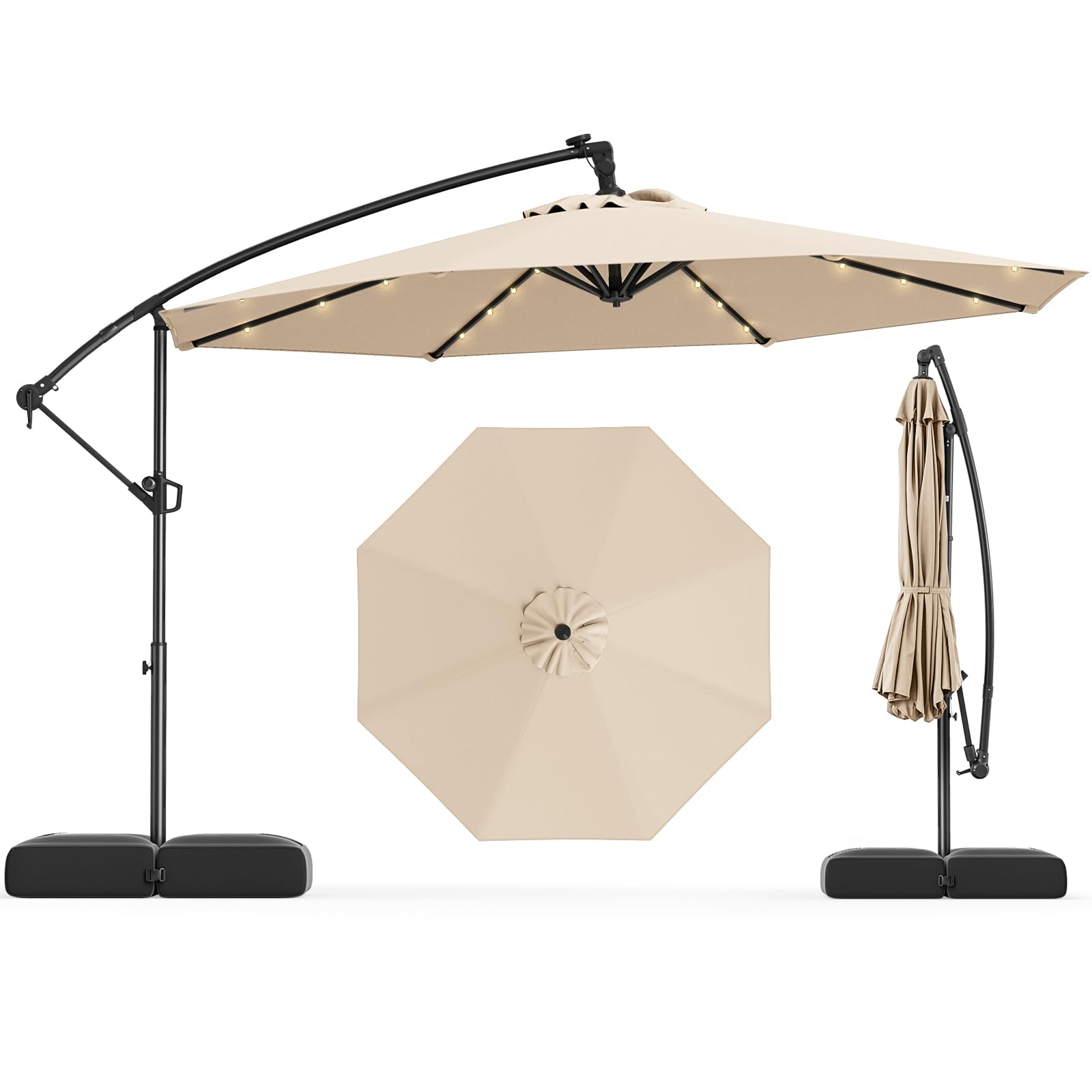 Tangkula 10ft Solar LED Patio Umbrella with Base, Offset