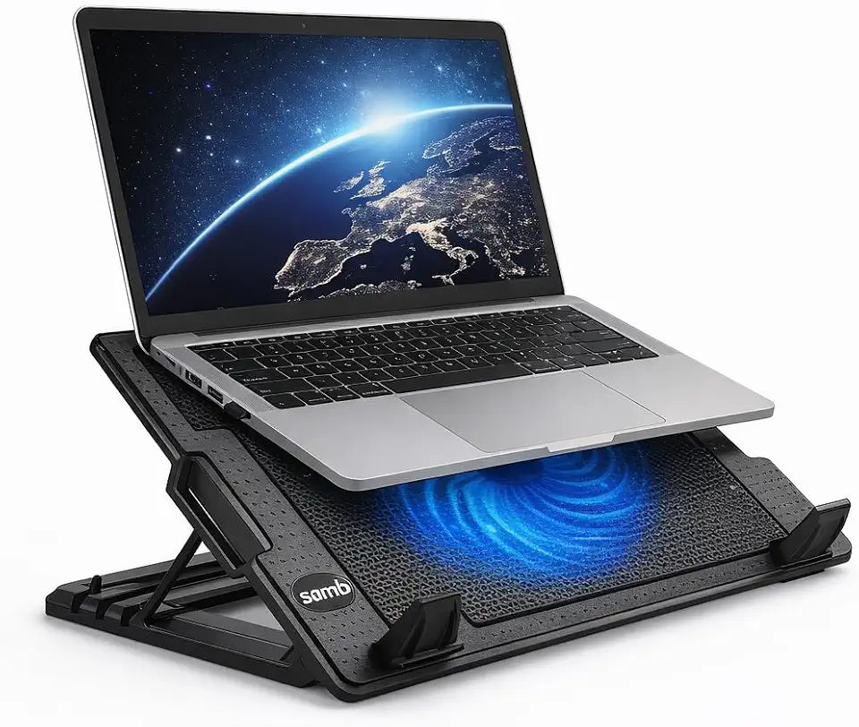 Suporte Notebook Com Cooler Silencioso Com 5 Níveis de Ajuste Ergonômico, 2 Saídas USB Adicional e Iluminação Interna Base Para Notebook de Até 17 Polegadas Ergonômico para Jogos e Trabalho