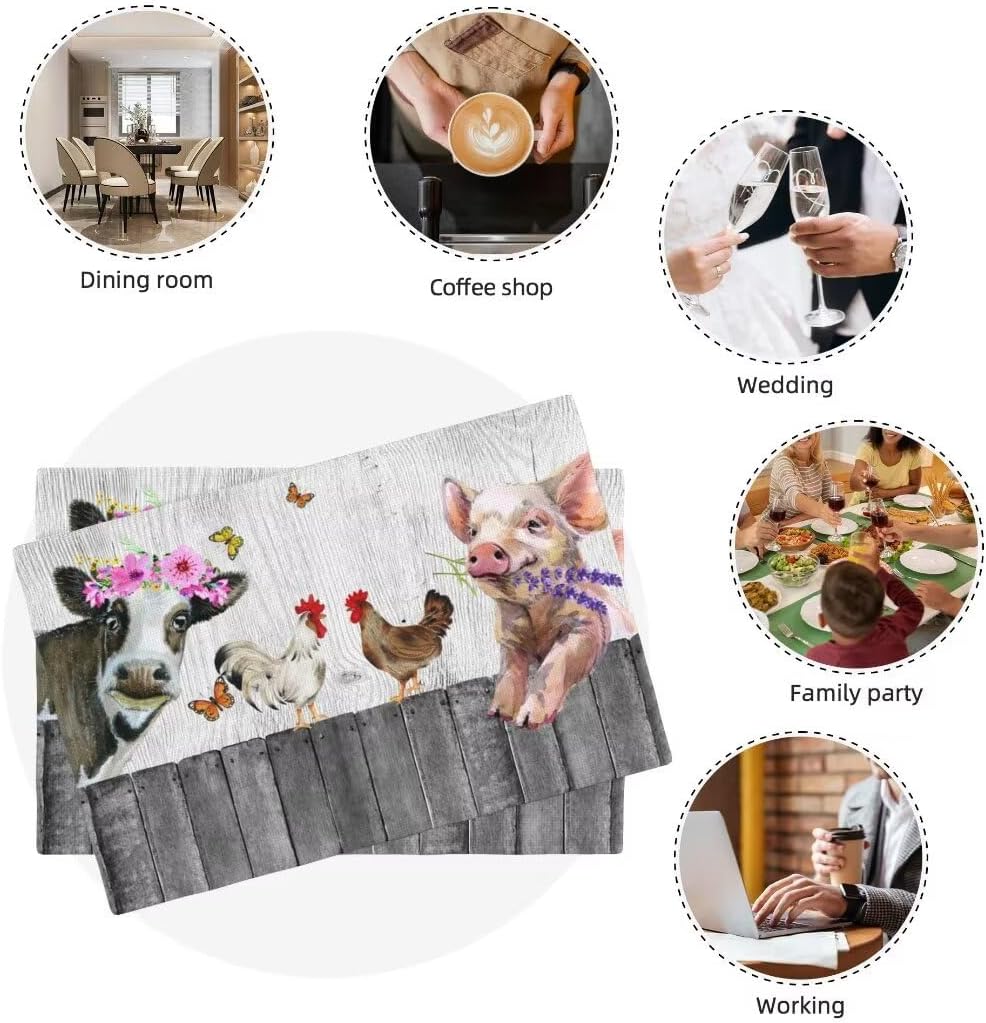 Farm Animal Placemats, Vintage Farmhouse Pig Cow Chicken Retro Wooden Barn Print Table Mats for Dining Kitchen Party Holiday Decor, 12x18 Inch, 4PCS