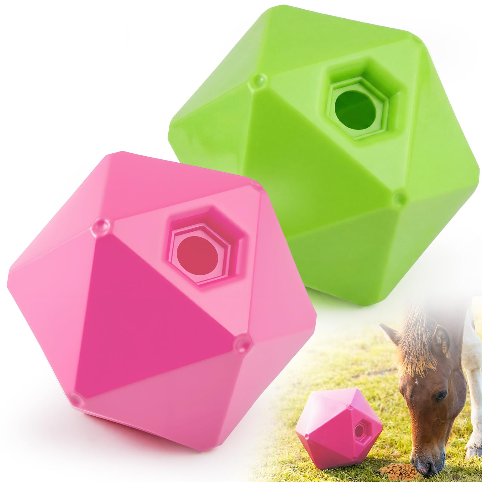 Seenelling Paquete de 2 juguetes de pelota de caballo, alimentador de bolas de 9 pulgadas y alivio del estrés con apertura de 1.13 pulgadas para paddock, juguetes de enriquecimiento de alimentación