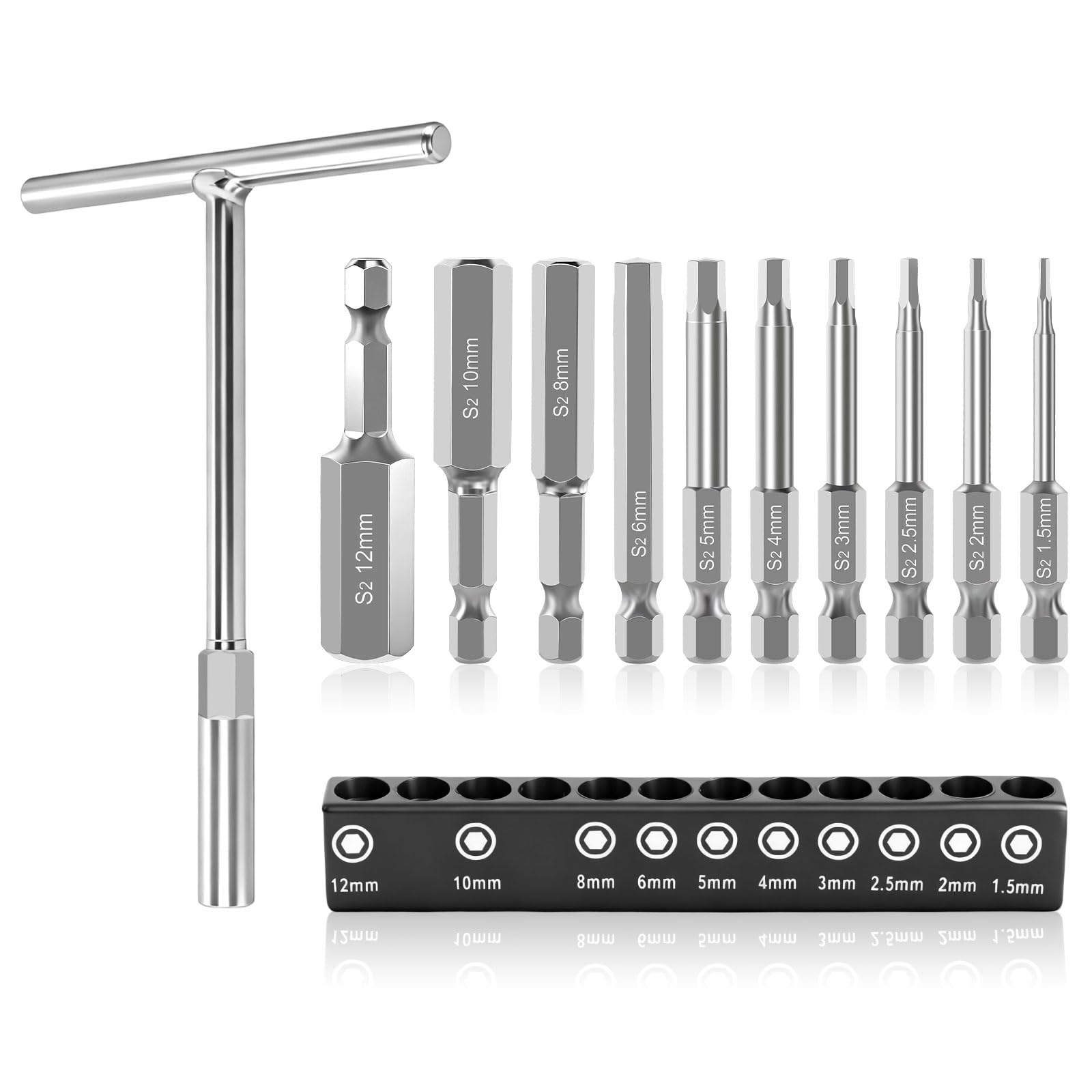 Magnetic Key Bit Set, 10 Piece Hex Key Set with T-Handle 1.5-12mm, S2 Hex Bits 1/4" Screwdriver Bit Set for Assembling Furniture Home Repair