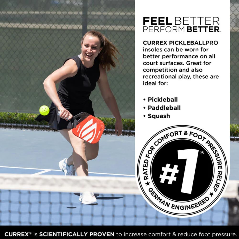 CURREX Pickleball Pro - Solette per scarpe da pickleball, inserti di supporto per arco plantare con superficie super grip e ammortizzazione del tallone di alta qualità, aiuta a migliorare la stabilità