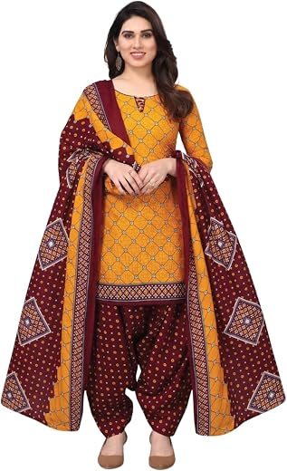 Kurdeshaya Women’s Cotton Patiala Unstitched Suit Set with Dupatta | Free Size 2m Top, 2.20m Bottom &amp; 2m Dupatta | Comfort...