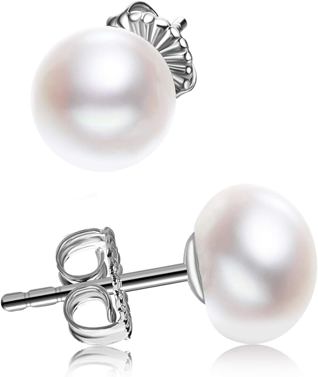 JORA Sterling Silver White Button Freshwater Cultured Pearl Stud Earrings for Women Gift