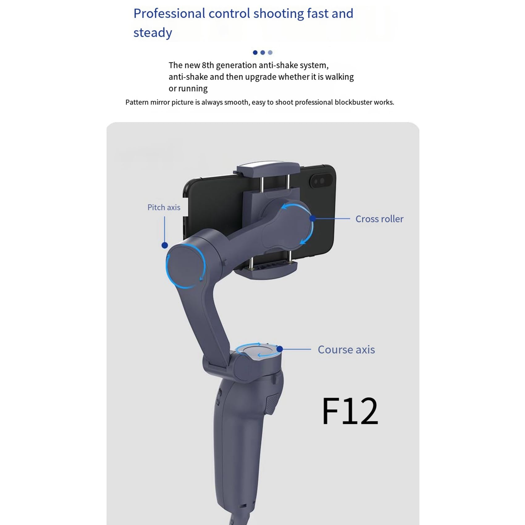Stabilisateur 3 Axes F12 Pour Smartphone - Cardan Anti-tremblement, Perche à Selfie Pour Vlog Et Vidéo