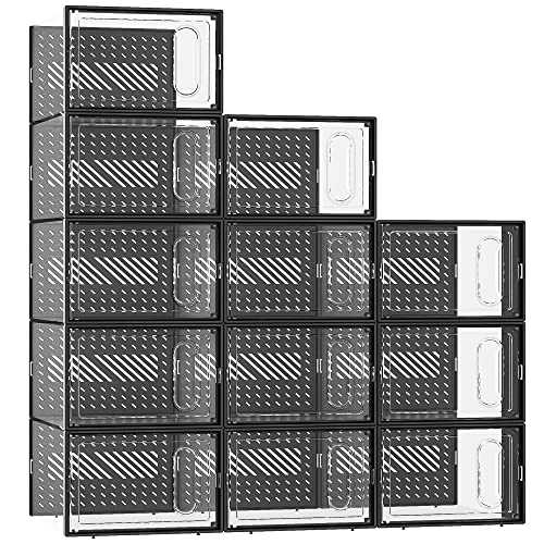 Ewonlife Large Shoe Storage Box With Magnetic Door, 12 Pack Clear Plastic Stackable Sneaker Organizer For Closet, Connect Left And Right Shoe Containers Bins For Entryway, Drop Front, Under Bed, Black #TOP5
