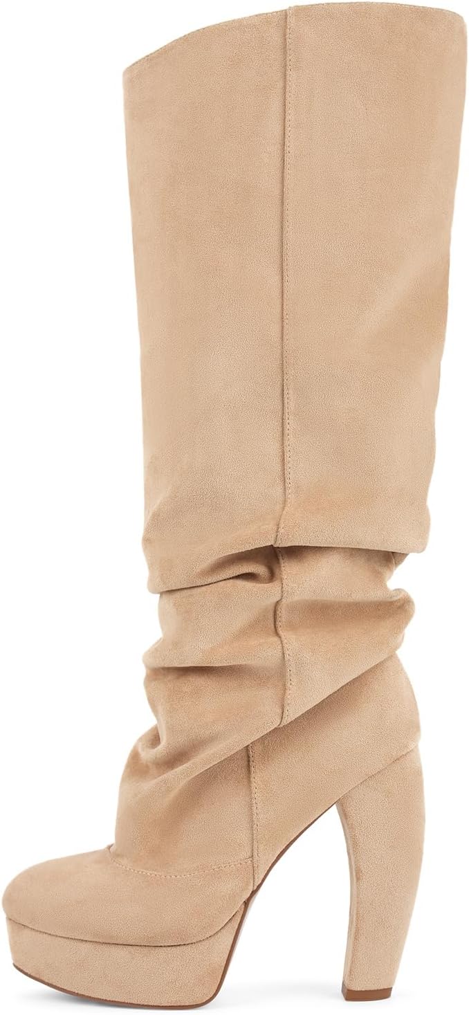 Women's Slouchy Knee High Platform Boots Chunky Block Heel Faux Suede Dress Boot Pull-On Casual Party Wear