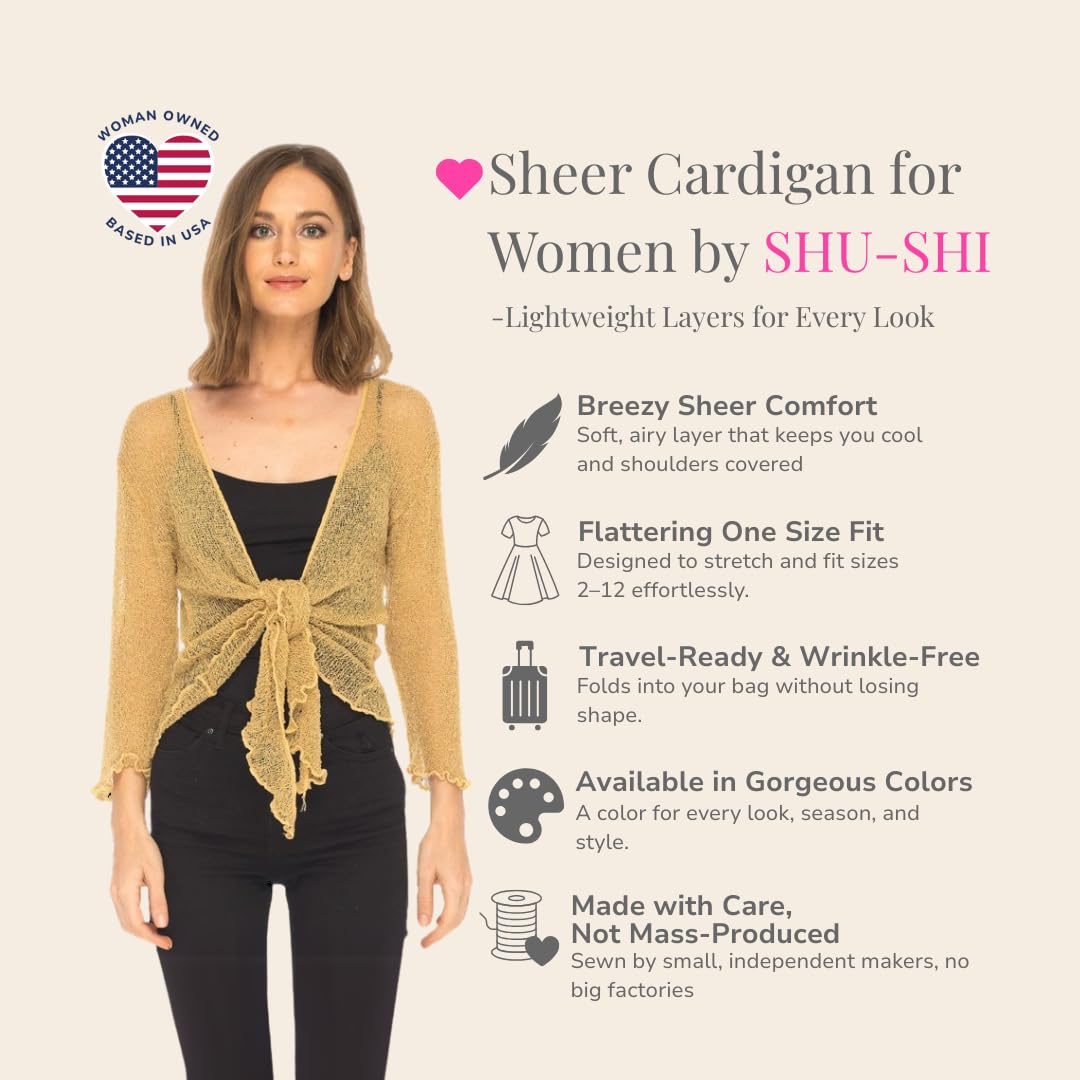 SHU-SHI - Cárdigan Transparente para Mujer - con Volante y Nudo Frontal - Punto Ligero