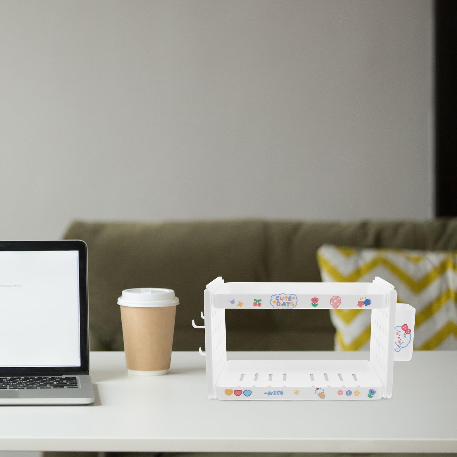 Sosoport Organizador de Escritorio Modular Beige de 2 Niveles Portalápices 3 Ganchos y Compartimentos Organizador Apilable para Material de Oficina y Papelería Adecuado para Oficina y