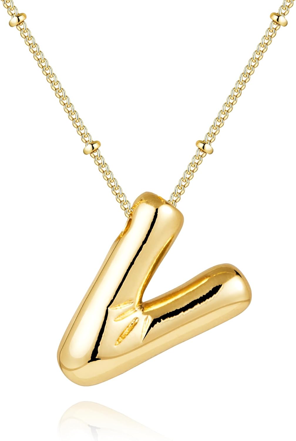 Inerney Gold Bubble Letter Necklace Initial Necklaces for Women, Chunky 14K Plated Balloon Initials, Trendy Charm Non Tarnish Custom Name Pendant Jewelry Gifts for Mom