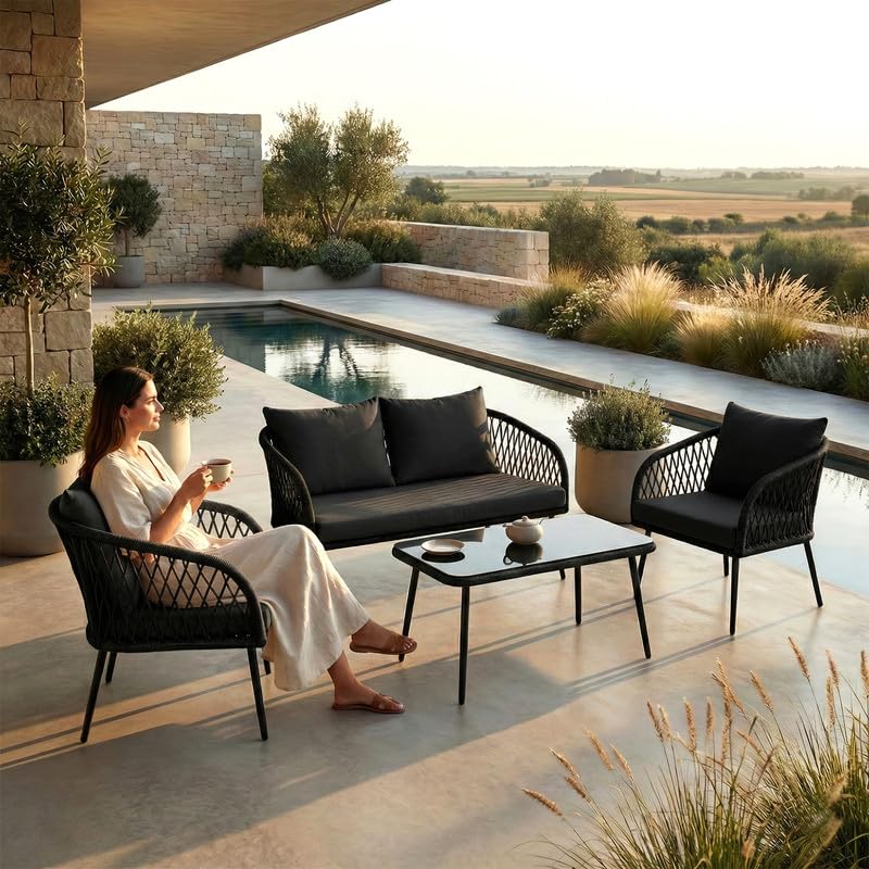 Image of OUTLIVING Braid Rope & Metal Frame Outdoor 4-Seater Sofa Set with Tempered Glass Top Center Table, Water-Repellent Cushions & Handwoven Design for Patio, Garden and Balcony (Black)