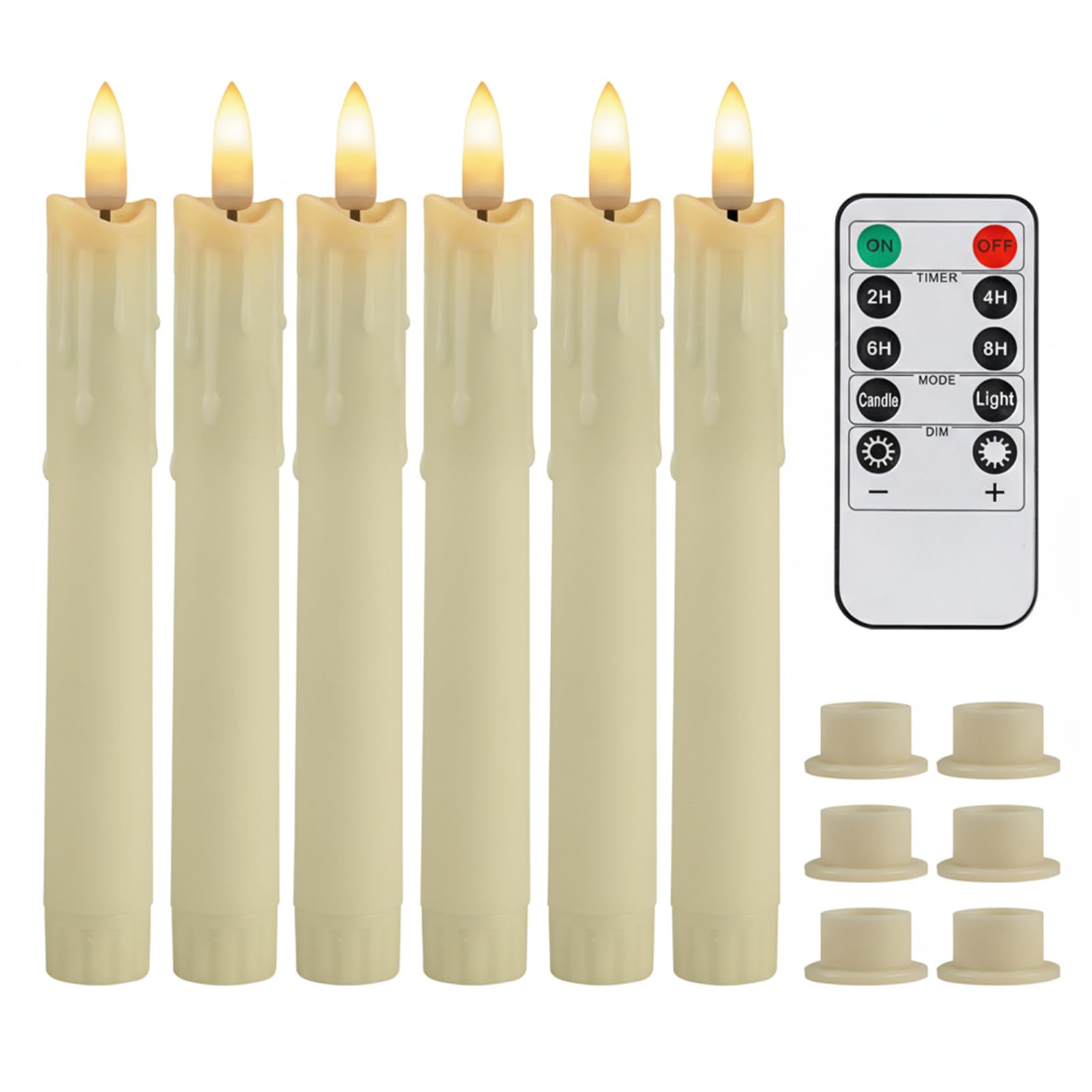 Teynewer LED Taper Candle Lights with 10-Key Remote, Battery Operated Drip Wax Ivory Flameless Flickering Taper Candles Pack of 6, Warm White for Christmas Home Wedding Decor (0.78 X 6.69 Inch)