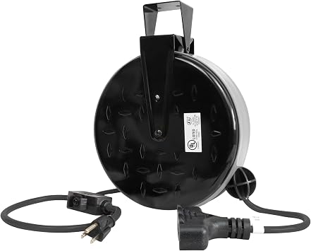 30 Ft Retractable Extension Cord Reel, 16/3 SJTW Power Cord with 3 Electrical Outlets, Ceiling or Wall Mount, 10 Amp Circuit Breaker, Metal Plate, UL Listed, Grey