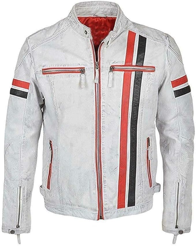 Mens Vintage Cafe Racer Retro White Motorcycle Red Black Stripes Biker Cowhide Leather Jacket2
