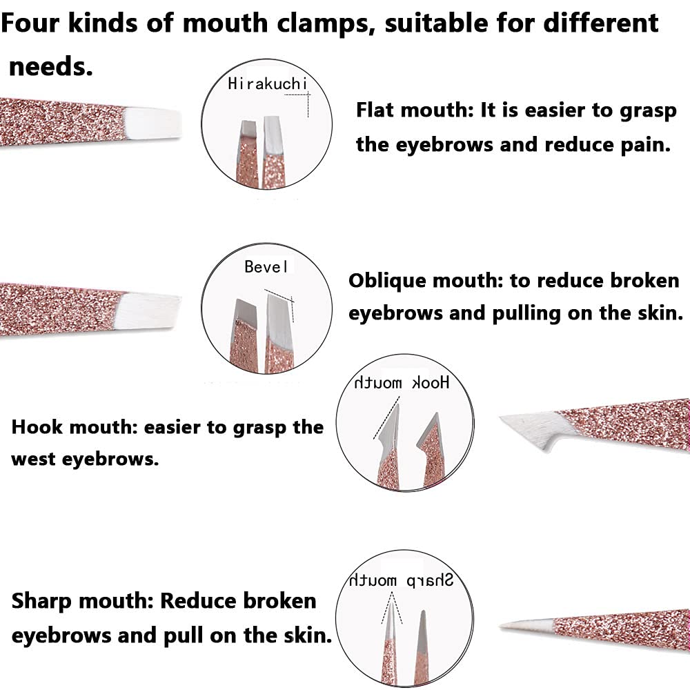 WUBAYI Juego de 4 pinzas profesionales de acero inoxidable para cejas, astillas y depilación encarnada, puntos negros, pestañas