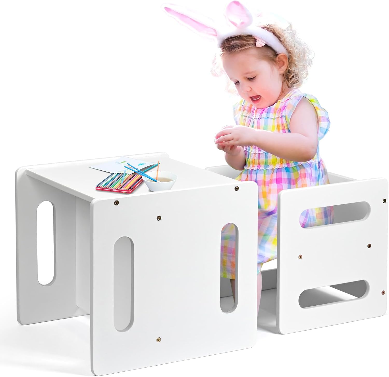 Ollieroo Kids Table and Chair Set, Montessori Weaning Table and Chair,Natural Bamboo Small Desk Chair,Activity Table and Chair Set, White