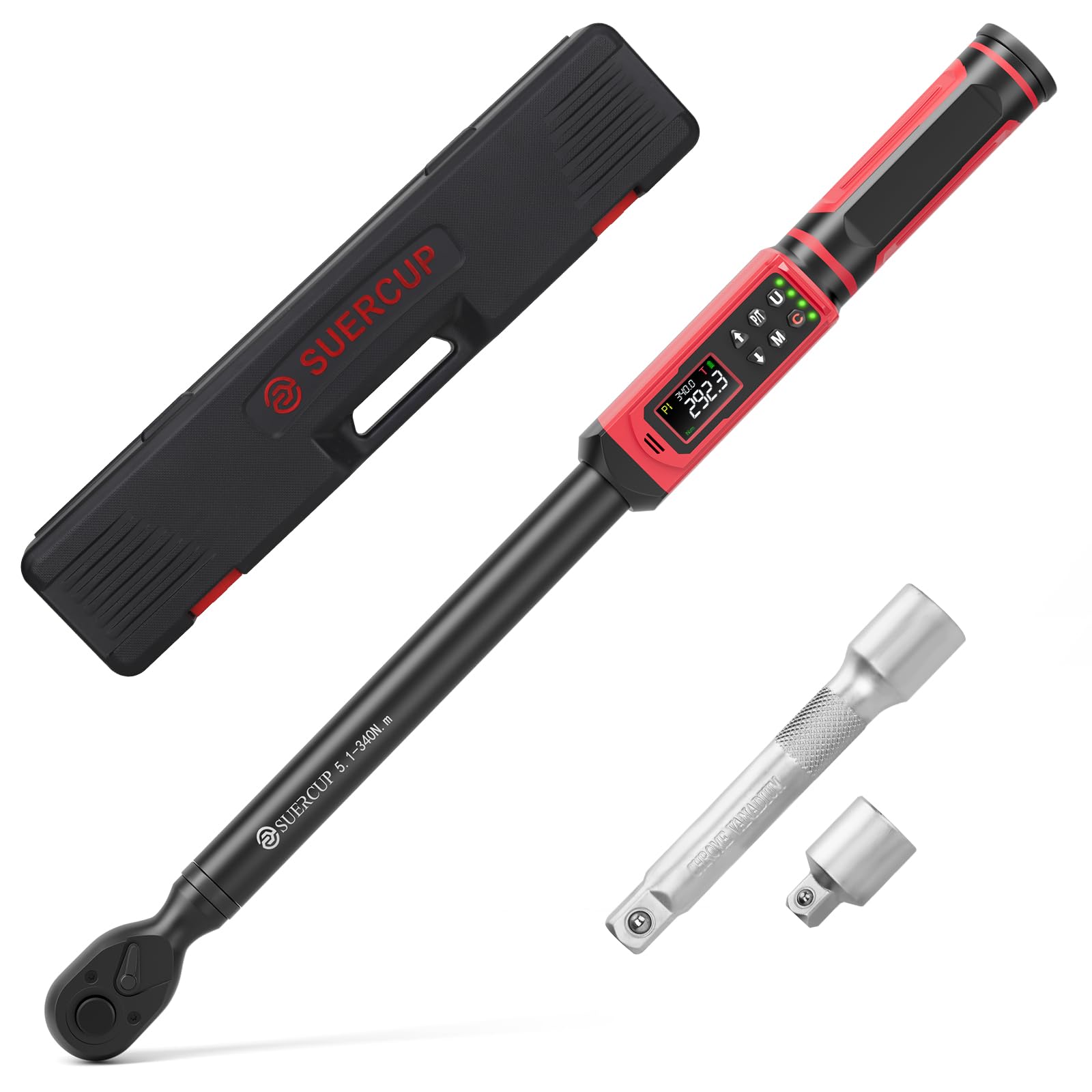 SUERCUP Chiave Dinamometrica Digitale da 1/2" 5.1-340Nm, ±1% Precisione Chiave di Torsione Digitale con Ammortizzatore, Vibrazione, Avviso LED e Cinque unità di Misura, per Auto, Riparazione Moto