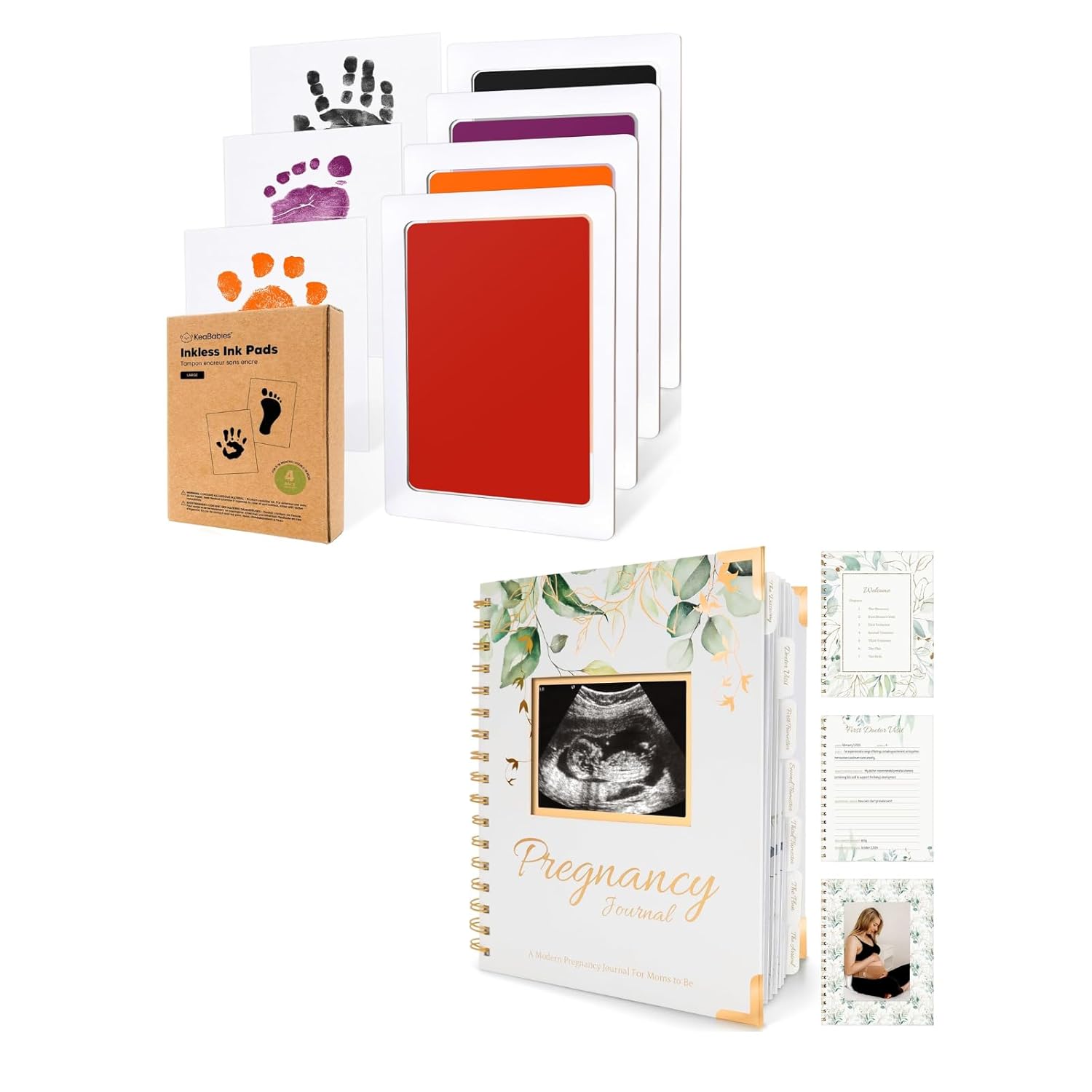 KeaBabies 4-Pack Inkless Hand and Footprint Kit and Pregnancy Journal Memory Book - Inkless Ink Pad Pet Paw Print Kit - 90-Pages Hardcover Pregnancy Books for First Time Moms