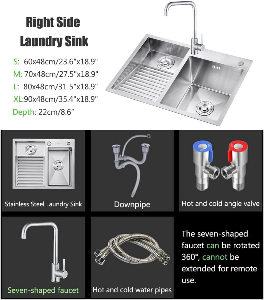 Silver Laundry Sink with Faucet,Built-in Washboardinset Stainless Steel Kitchen Right Hand Drainer, Large Utility for Washing Room, Bar, Bathroom