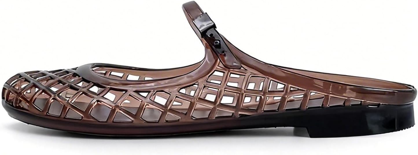 LISHAN Women's Clear/Brown Jelly Mule Sandals - Lattice Cutout Closed Toe Mary Jane Flats, Retro Summer Beach Shoes