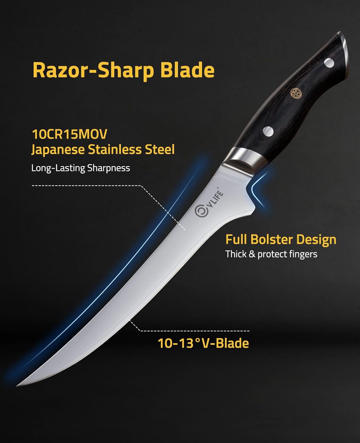 CVLIFE Fillet Knife with Leather Sheath, 7.2" Razor Sharp 10Cr15Mov Steel Blade, Ergonomic Pakkawood Handle for Fish, Meat & Poultry Filleting, Ideal for Fishing Boning, Kitchen & Daily Use