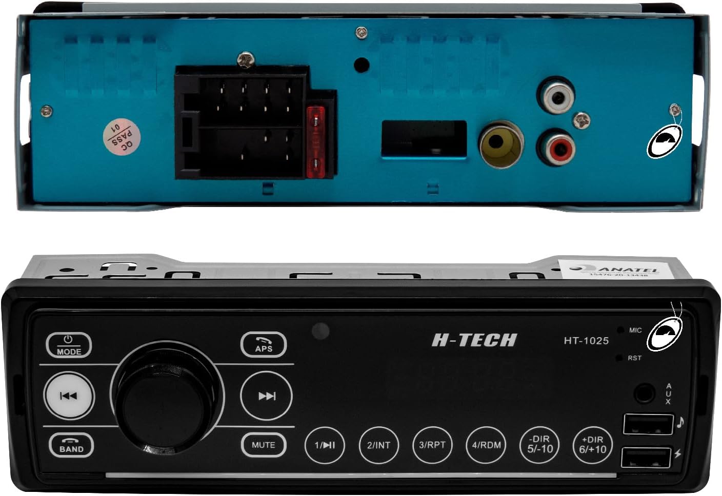 Rear view of the H-Tech HT-1025 Car MP3 Radio showing wiring harness connectors and RCA outputs