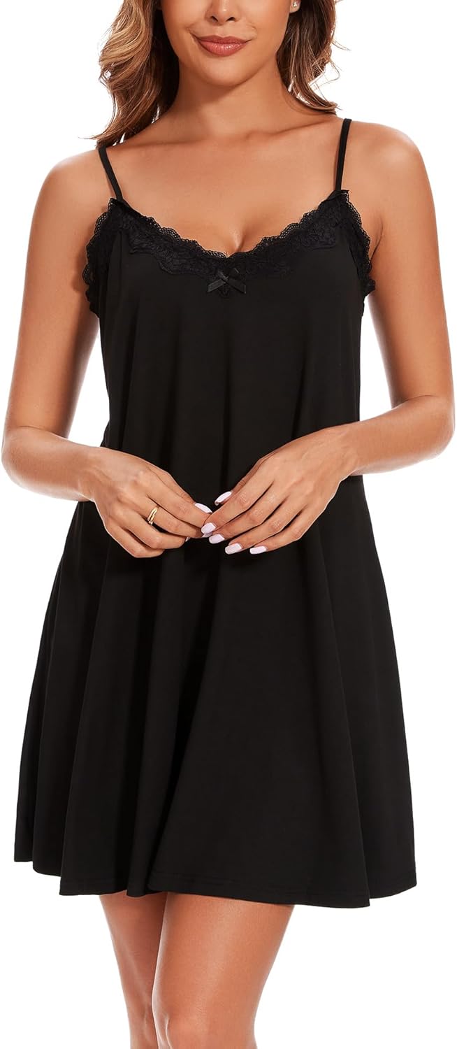 Kabento Nightgowns for Women Sexy Lace Sleepwear V Neck Short Night Gowns Sleeveless Chemise Nighty