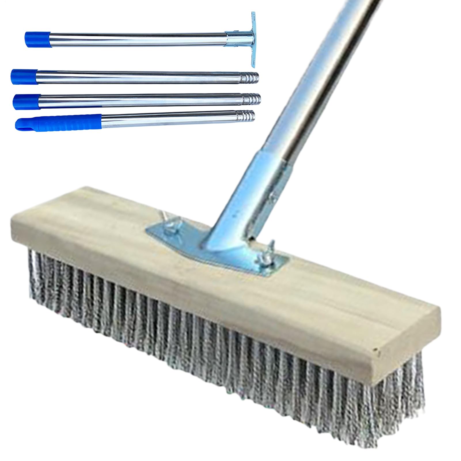 Brosse de pont et balai extérieur pour enlever la mousse sur une terrasse en dalles